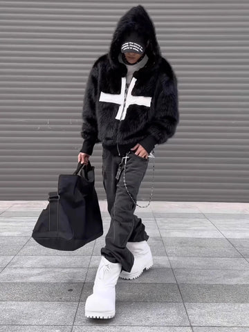 Black Faux Fur Cross Hoodie